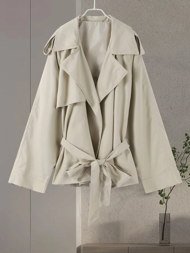 Lace Up Trench Coat With Belt Suit Collar Waist Cinched Slimming Drop Shoulder Short Windbreaker Jacket Retro Casual Outwear