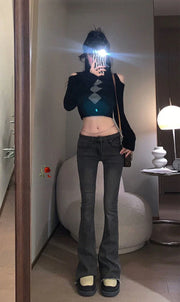 Flare Gray Pants for Woman Bell Bottom Women's Jeans Flared with Pockets Trousers Low Rise Waist 2000s Y2k Good Quality R Summer