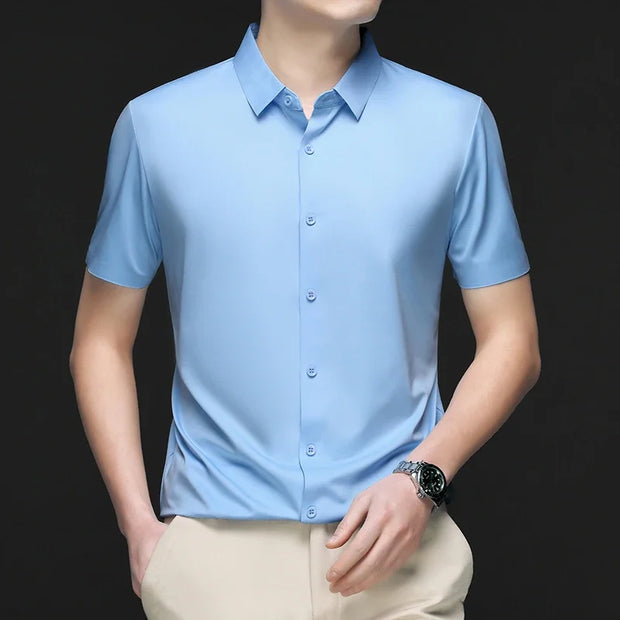 New Men's Business Casual Solid Color Short Sleeved Shirt for Summer Fashion No Ironing Comfortable and Versatile Top