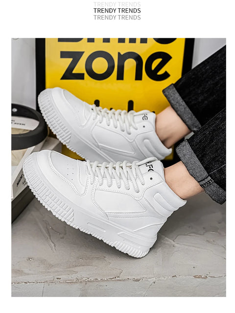 PU Leather Footwear Men Casual Shoes High Top White Breathable Footwear Shock-absorber Platform Hidden Increasing Sneakers