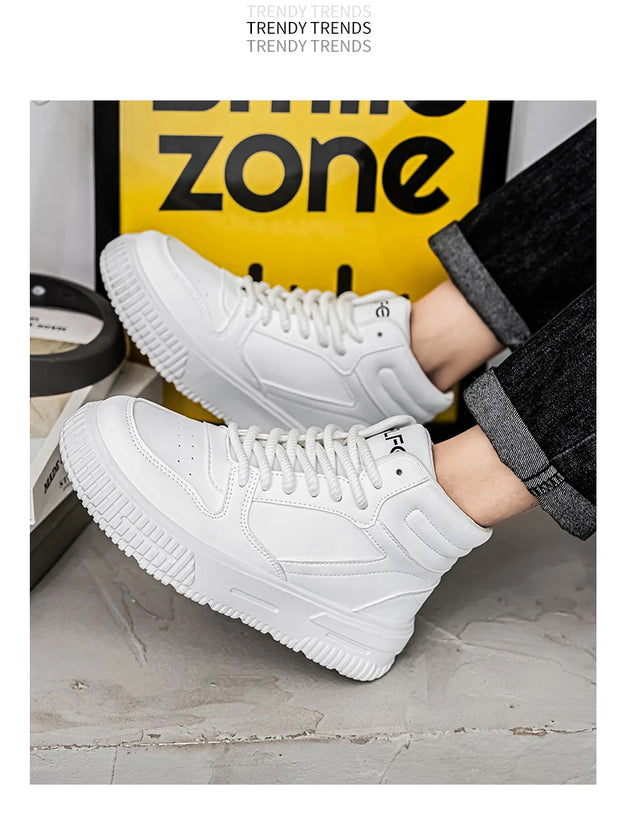 PU Leather Footwear Men Casual Shoes High Top White Breathable Footwear Shock-absorber Platform Hidden Increasing Sneakers