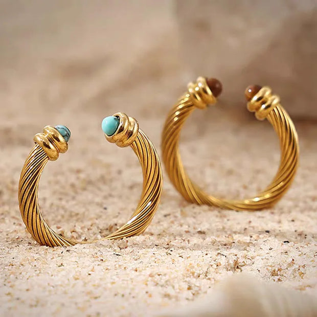 Nextvance Vintage C-shaped Twisty Ring 14K For Women Gold Plated Stainless Steel Inlay Natural Stone Metal Texture Jewelry Gifts