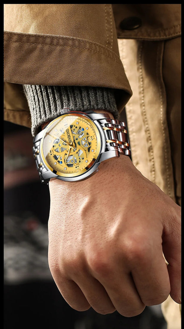 BINBOND Business New Automatic Non-Mechanical Quartz Watches 30M Waterproof Luminous Tourbillon Trendy Hollow Design Men Watches