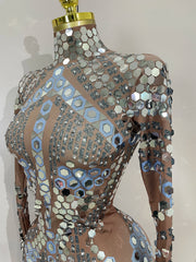 Sexy Shiny Silver Sequins Mirror Black Spandex Jumpsuit 2025 Women Prom Dancer Singer Costume Evening Birthday Show Stage Outfit