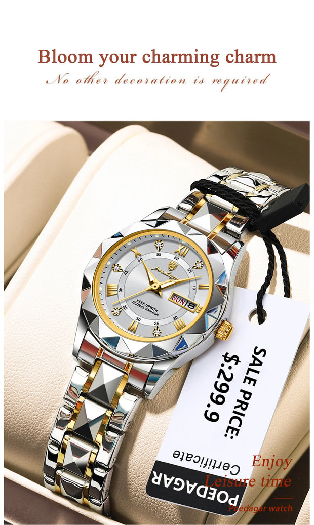POEDAGAR Luxury Quartz Watch for Ladies Waterproof Luminous Date Week Stainless Steel Women Watches Elegant Dress WristWatch+box