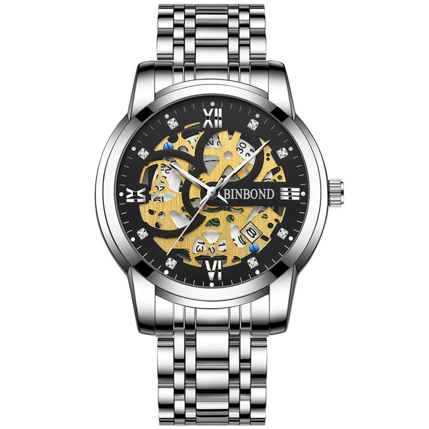 BINBOND Business New Automatic Non-Mechanical Quartz Watches 30M Waterproof Luminous Tourbillon Trendy Hollow Design Men Watches