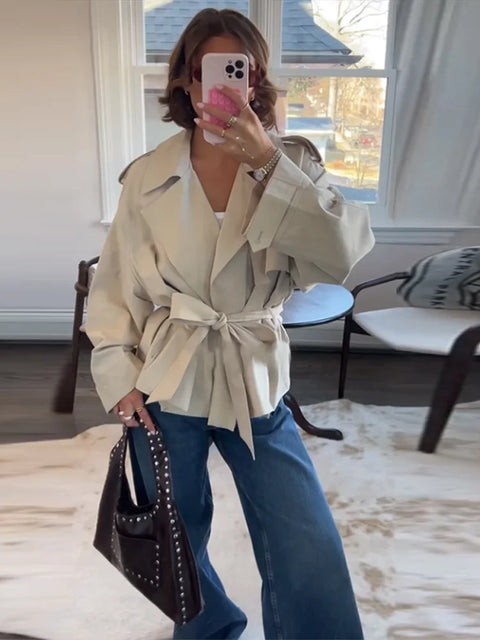 Lace Up Trench Coat With Belt Suit Collar Waist Cinched Slimming Drop Shoulder Short Windbreaker Jacket Retro Casual Outwear