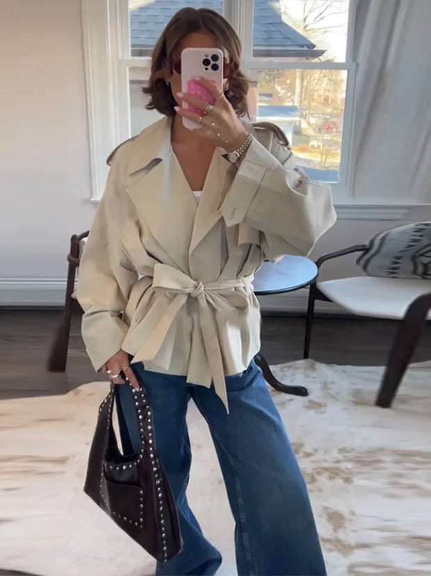 Lace Up Trench Coat With Belt Suit Collar Waist Cinched Slimming Drop Shoulder Short Windbreaker Jacket Retro Casual Outwear