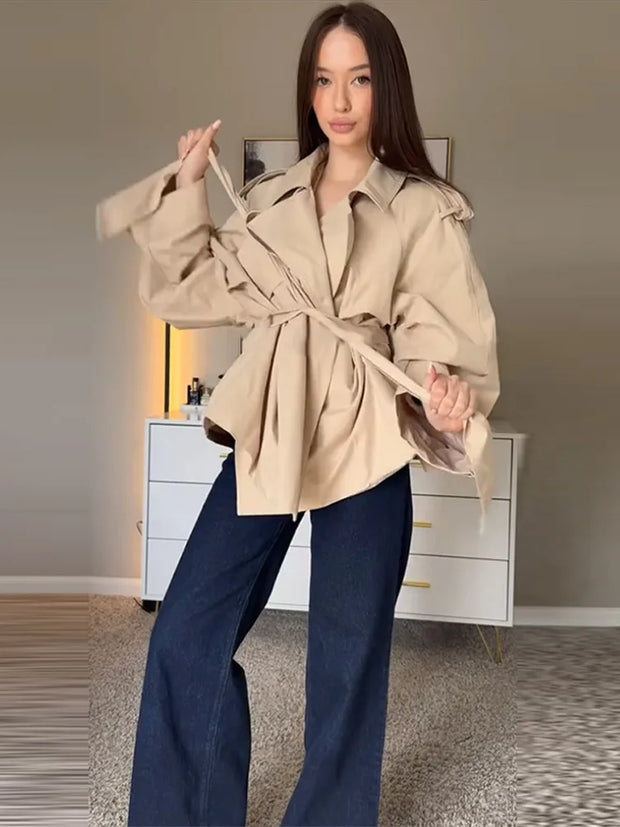 Lace Up Trench Coat With Belt Suit Collar Waist Cinched Slimming Drop Shoulder Short Windbreaker Jacket Retro Casual Outwear