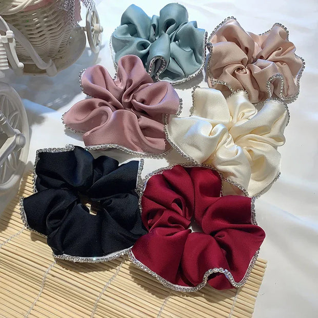 Elegant Solid Satin Scrunchies Elastic Hair Bands for Women Rhinestone Crystal Hairbands Korean Girls Head Tie Hair Accessories