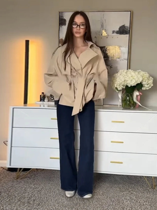 Lace Up Trench Coat With Belt Suit Collar Waist Cinched Slimming Drop Shoulder Short Windbreaker Jacket Retro Casual Outwear