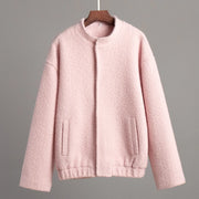 TARUXY Pink Short Fur Jacket Coat For Women Autumn Winter Casual Stand Collar Pocket Loose Fashion Long Sleeve Jacket Top Female