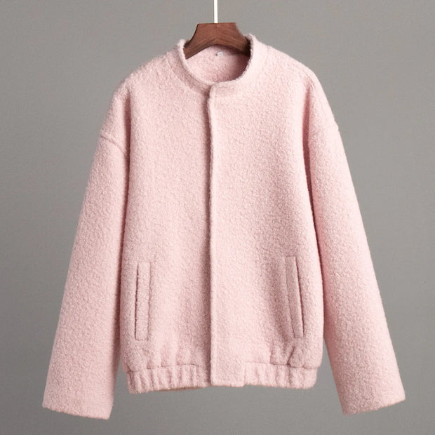 TARUXY Pink Short Fur Jacket Coat For Women Autumn Winter Casual Stand Collar Pocket Loose Fashion Long Sleeve Jacket Top Female