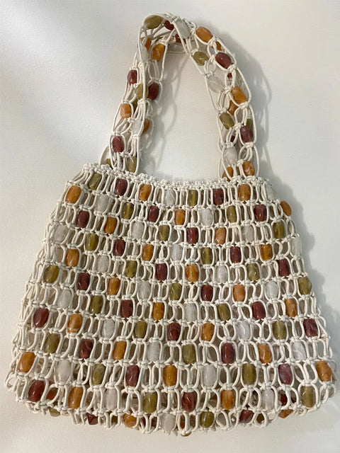 Women Beaded Bag Summer Design Hollow-out Woven Bead Tote Bag Shoulder Bag Female Small Handbag