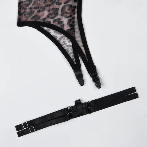 MUZISKAT High Quality 2024 Hot New Women's Leopard Mesh Sexy See-Through Body Shaping Erotic Lingerie Set Onlyfans