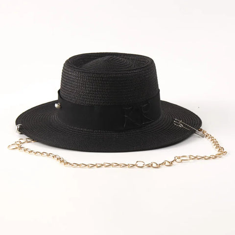 Fashionable Metal Letter Straw Hats for Women Men Summer Outdoor Holidays Beach Sun Hat Panama Hat