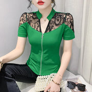 Summer European Clothes Sexy V Necks T-Shirt Women Embroidery Lace Front Zipper Slim Tops