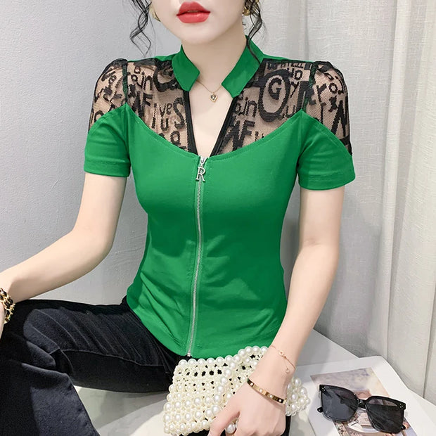 Summer European Clothes Sexy V Necks T-Shirt Women Embroidery Lace Front Zipper Slim Tops