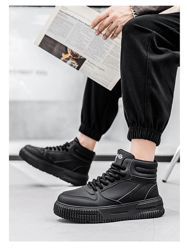 PU Leather Footwear Men Casual Shoes High Top White Breathable Footwear Shock-absorber Platform Hidden Increasing Sneakers