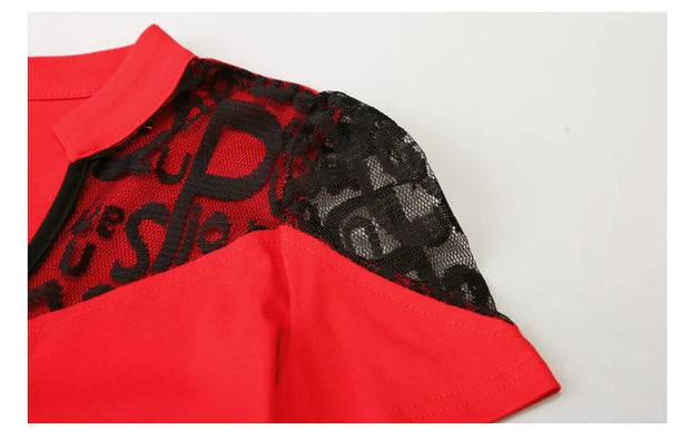 Summer European Clothes Sexy V Necks T-Shirt Women Embroidery Lace Front Zipper Slim Tops