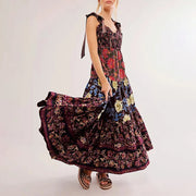 Imcute Women Summer Dresses Flowy Smocked Maxi Dress Sleeveless Tie Shoulder Boho Dresses Y2K Floral Beach Sundresses