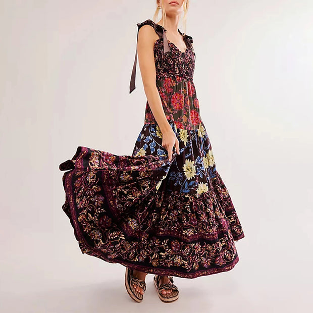 Imcute Women Summer Dresses Flowy Smocked Maxi Dress Sleeveless Tie Shoulder Boho Dresses Y2K Floral Beach Sundresses