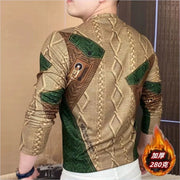 Men Clothing 2024 Autumn Winter Vintage Fashion Print Velvet Thicken Warm Basic T-shirt Male Casual O Neck Long Sleeve Slim Tops