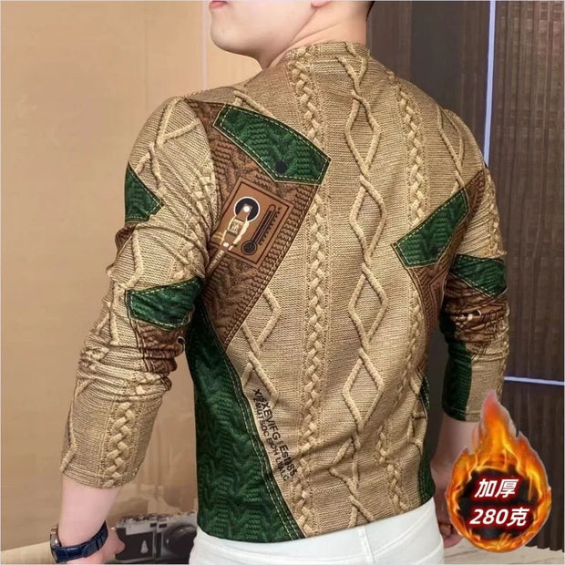Men Clothing 2024 Autumn Winter Vintage Fashion Print Velvet Thicken Warm Basic T-shirt Male Casual O Neck Long Sleeve Slim Tops