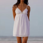 2023 Sexy Pink Spliced Embroidery Lace Deep V neck Mini Sling Dress Women Adjust Bow Ribbon Back Backless Party Robe Holiday