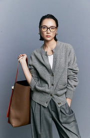 Autumn/Winter Knitted Loose Cardigan Jacket Pure Wool Sweater Temperament round Neck Slim Fit Long Sleeve Top for Women