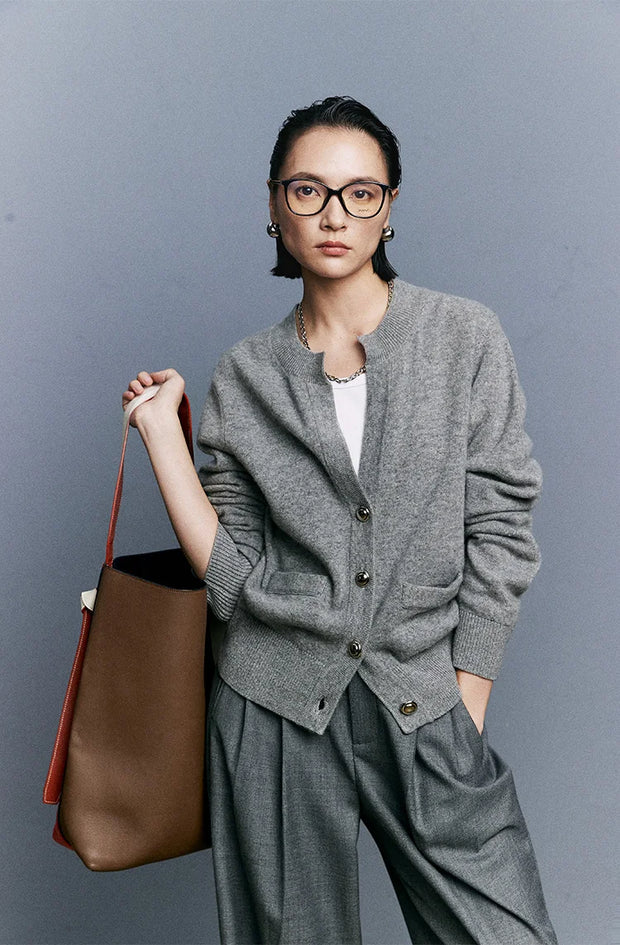 Autumn/Winter Knitted Loose Cardigan Jacket Pure Wool Sweater Temperament round Neck Slim Fit Long Sleeve Top for Women