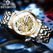 BINBOND Business New Automatic Non-Mechanical Quartz Watches 30M Waterproof Luminous Tourbillon Trendy Hollow Design Men Watches