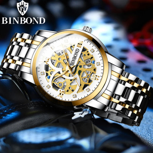 BINBOND Business New Automatic Non-Mechanical Quartz Watches 30M Waterproof Luminous Tourbillon Trendy Hollow Design Men Watches