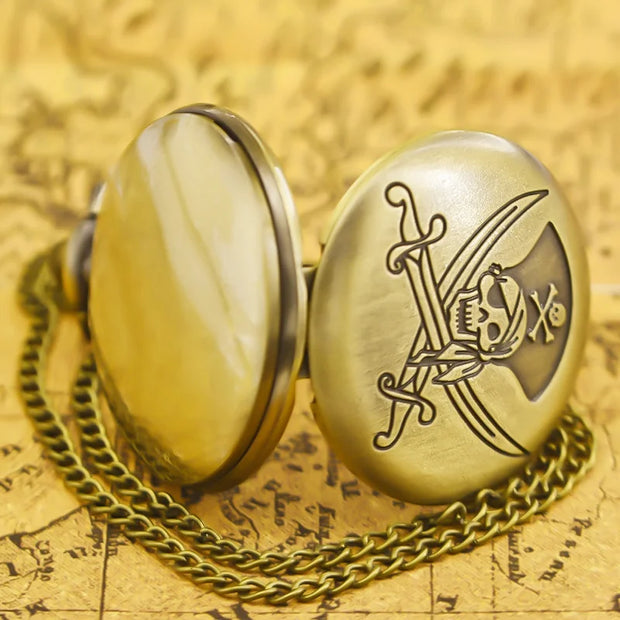 Vintage Bronze Large Pirate Skull Carved Necklace Quartz Pocket Watch Handsome Gift For Both Men And Women