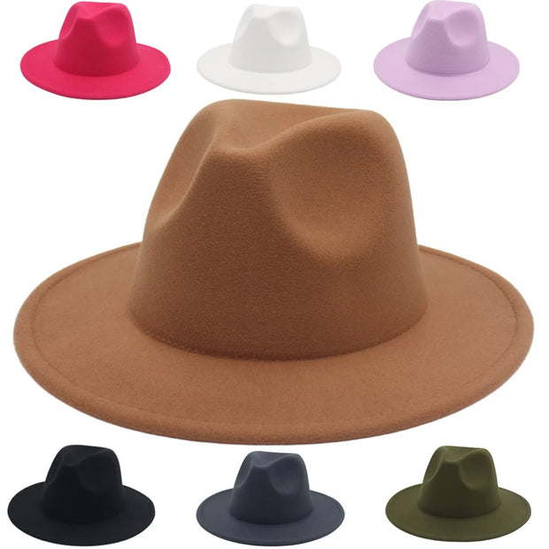 Classic Women Fedora Hats Autumn Winter Gentleman Jazz Felt Hat For Men Retro Church Lady Flat Wide Brim Dress Hat