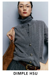 Autumn/Winter Knitted Loose Cardigan Jacket Pure Wool Sweater Temperament round Neck Slim Fit Long Sleeve Top for Women