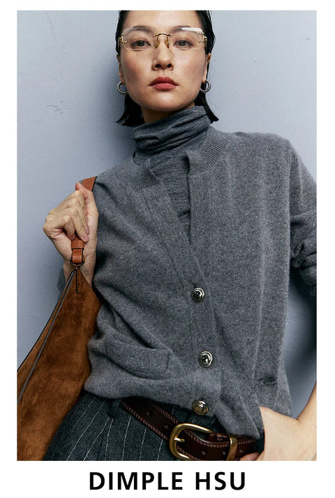 Autumn/Winter Knitted Loose Cardigan Jacket Pure Wool Sweater Temperament round Neck Slim Fit Long Sleeve Top for Women