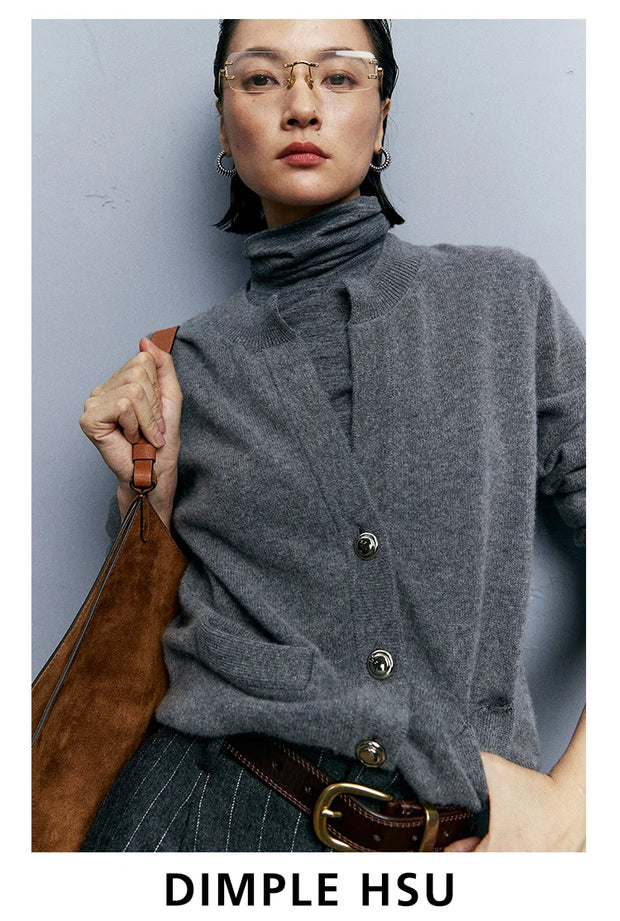 Autumn/Winter Knitted Loose Cardigan Jacket Pure Wool Sweater Temperament round Neck Slim Fit Long Sleeve Top for Women