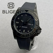 BLIGER 40mm 3.8 O'clock Crown Watch For Men NH36 Movement Week-day Display Function Full Black PVD Case Rubber Strap Waterproof