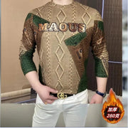 Men Clothing 2024 Autumn Winter Vintage Fashion Print Velvet Thicken Warm Basic T-shirt Male Casual O Neck Long Sleeve Slim Tops