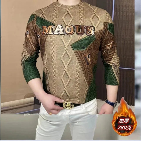 Men Clothing 2024 Autumn Winter Vintage Fashion Print Velvet Thicken Warm Basic T-shirt Male Casual O Neck Long Sleeve Slim Tops