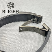 BLIGER 40mm 3.8 O'clock Crown Watch For Men NH36 Movement Week-day Display Function Full Black PVD Case Rubber Strap Waterproof