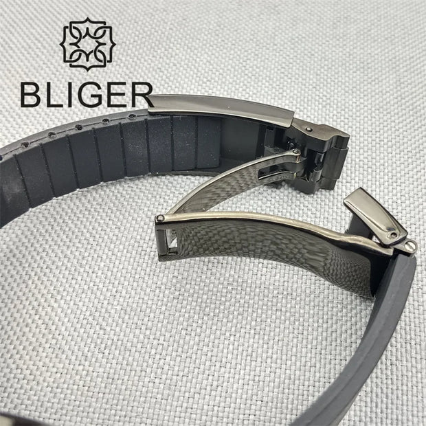 BLIGER 40mm 3.8 O'clock Crown Watch For Men NH36 Movement Week-day Display Function Full Black PVD Case Rubber Strap Waterproof