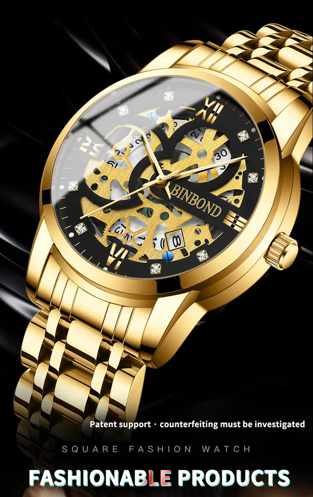 BINBOND Business New Automatic Non-Mechanical Quartz Watches 30M Waterproof Luminous Tourbillon Trendy Hollow Design Men Watches