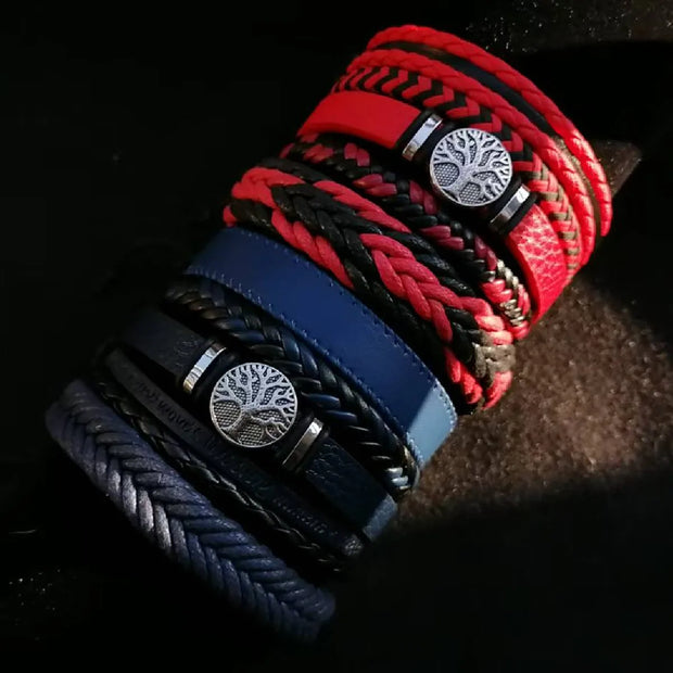 Punk Casual Bead6 Pc/set Tree Black Khaki Handmade Men Bracelets Male Women Leather Bracelets Men Bangle Wholesale Jewelry Gift