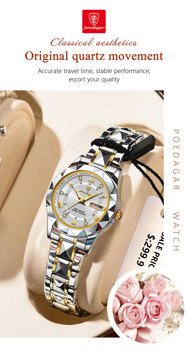 POEDAGAR Luxury Quartz Watch for Ladies Waterproof Luminous Date Week Stainless Steel Women Watches Elegant Dress WristWatch+box