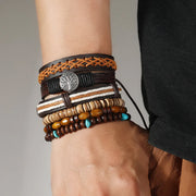 Punk Casual Bead6 Pc/set Tree Black Khaki Handmade Men Bracelets Male Women Leather Bracelets Men Bangle Wholesale Jewelry Gift