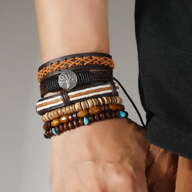 Punk Casual Bead6 Pc/set Tree Black Khaki Handmade Men Bracelets Male Women Leather Bracelets Men Bangle Wholesale Jewelry Gift