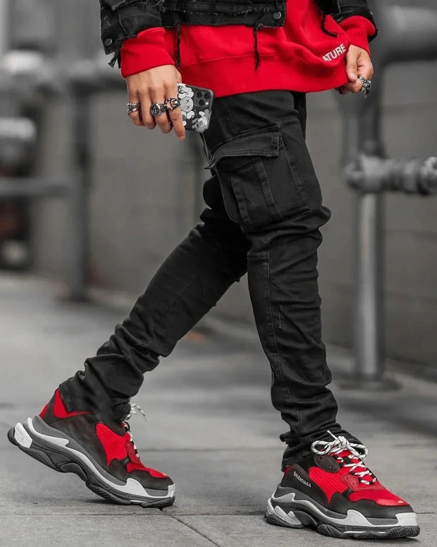 Jeans Men Pants Wash Solid Color Multi Pockets Denim Mid Waist Cargo Jeans Plus Size Fahsion Casual Trousers Male Daily Wear