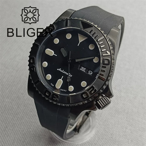 BLIGER 40mm 3.8 O'clock Crown Watch For Men NH36 Movement Week-day Display Function Full Black PVD Case Rubber Strap Waterproof